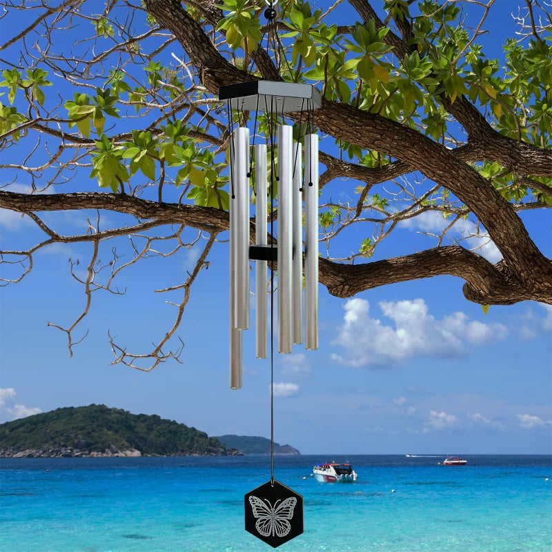 FONMY Wind Chimes Outdoor w/Butterfly Sign Memorial Windchimes Great Wind Chime Gifts Soothing Melodic Tones & Bamboo/Aluminum Chime for Garden Home or Yard-31 Length Silver Chimes Hanging Decor. - Image 4